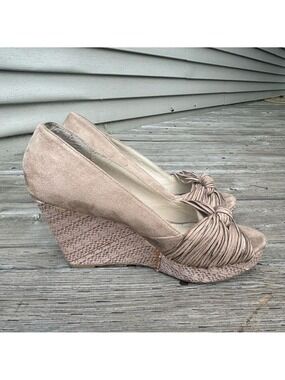 Soda Tan Peep Toe Wedge Shoes Textured Heel